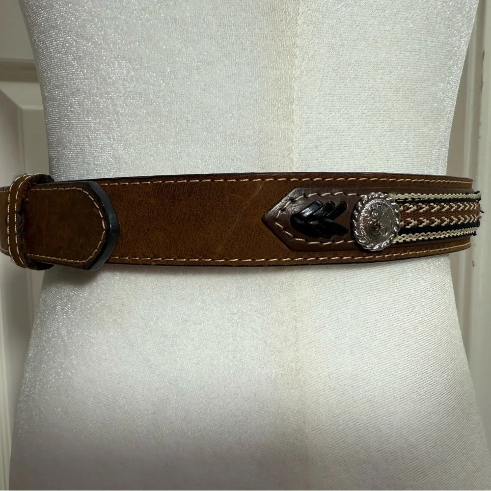 Nocona Belt Co. Kids Western Leather Concho Belt Brown Silver‎ Buckle Size 28